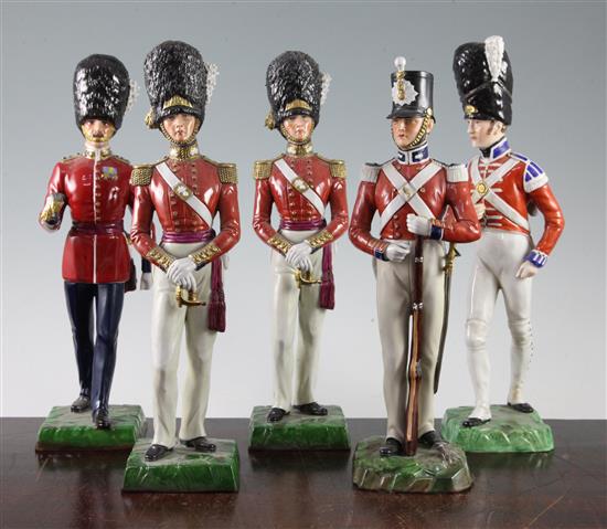 Two Dresden models of Grenadier Guards and four Sitzendorf models 27.5cm - 29cm, losses